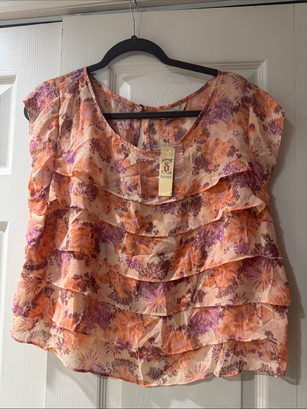 Decree Peach & Purple Floral Ruffle Top